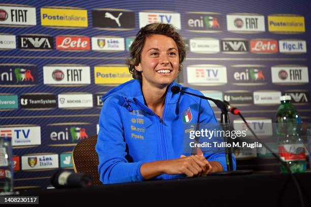 Valentina Giacinti attends a press conference at Italy Women Team Base Camp on July 12, 2022 in Accrington, England.