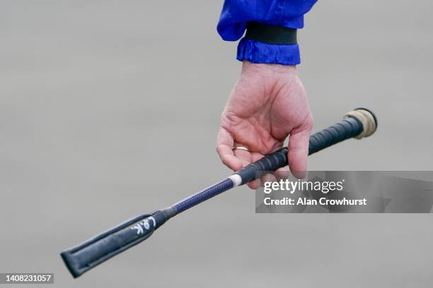 General view as a jockey carries a 'ProCush' whip at Bath Racecourse on July 12, 2022 in Bath, England.