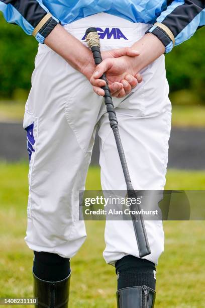 General view as a jockey carries a 'ProCush' whip at Bath Racecourse on July 12, 2022 in Bath, England.