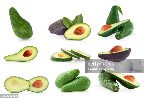 avocado collection set isolated on white - avocado isolated stock pictures, royalty-free photos & images