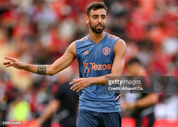Bruno Fernandes of Manchester United react during their open training session at the Rajamangala Stadium on July 11, 2022 in Bangkok, Thailand.