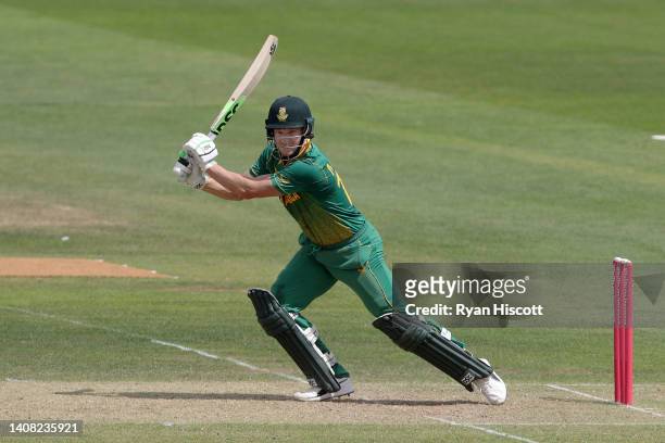 David Miller of South Africa bats during the tour match between England Lions and South Africa at The Cooper Associates County Ground on July 12,...