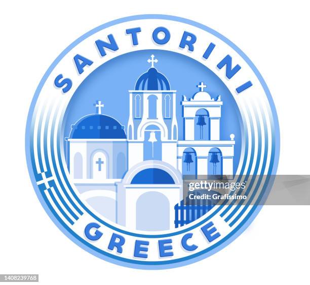 santorini bell tower and blue domes in oia on greece illustration in flat design on round badge - santorini greece stock illustrations