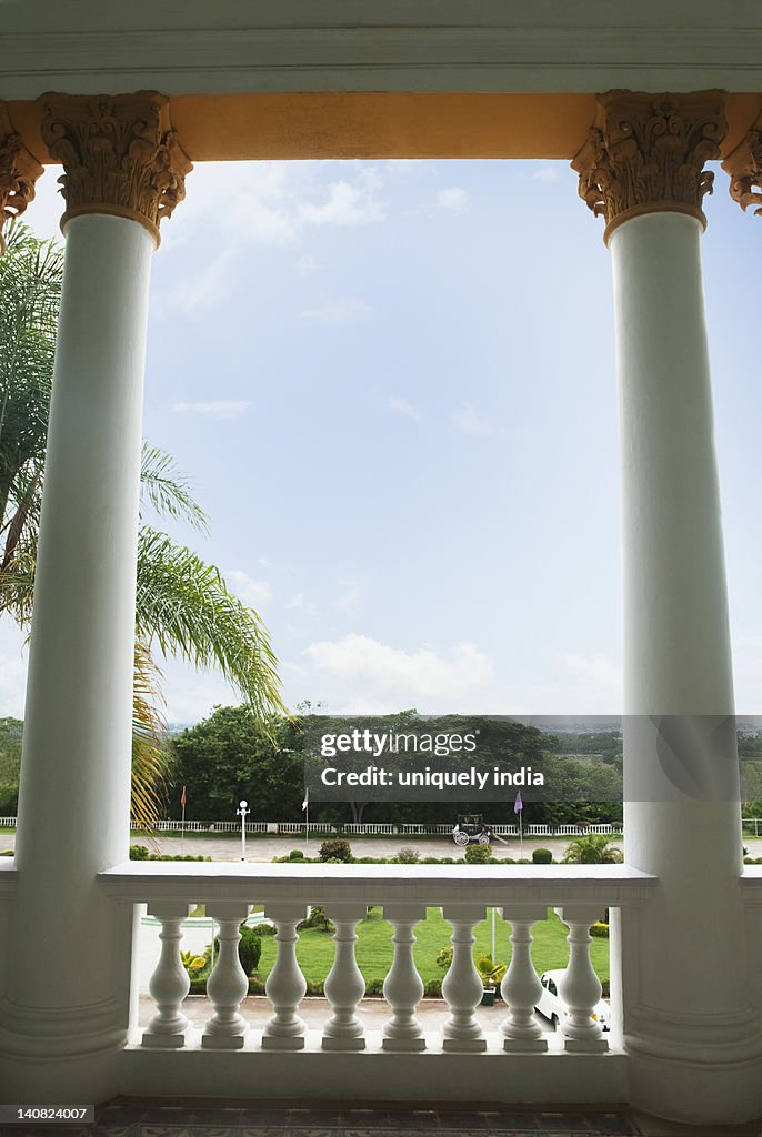 Lawn viewed from the porch of a palace, Lalitha Mahal, Mysore, Karnataka, India