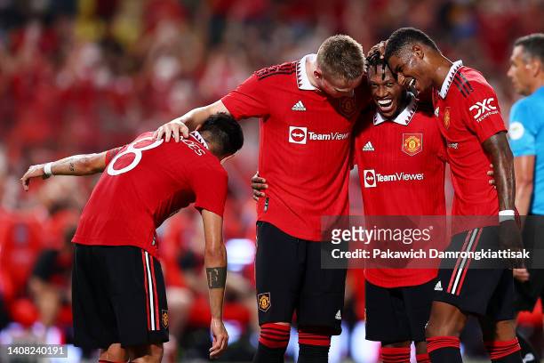Fred of Manchester United celebrates with his teammates after scoring their second goal against Liverpool during the first half of a preseason...