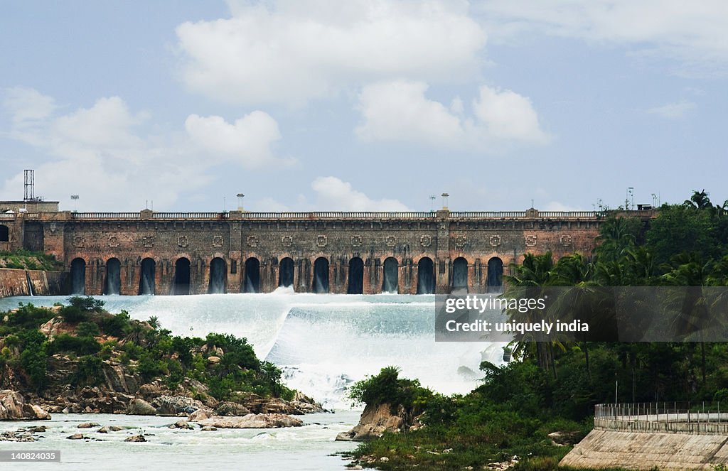 Dam on a river, Krishna Raja Sagara, Kaveri River, Mandya District, Mysore, Karnataka, India