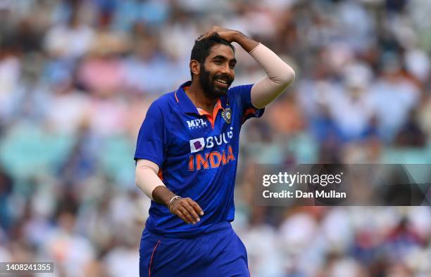 Jasprit Bumrah of India celebrates after taking the wicket of Brydon Carse of England, his fifth wicket of the innings during the 1st Royal London...