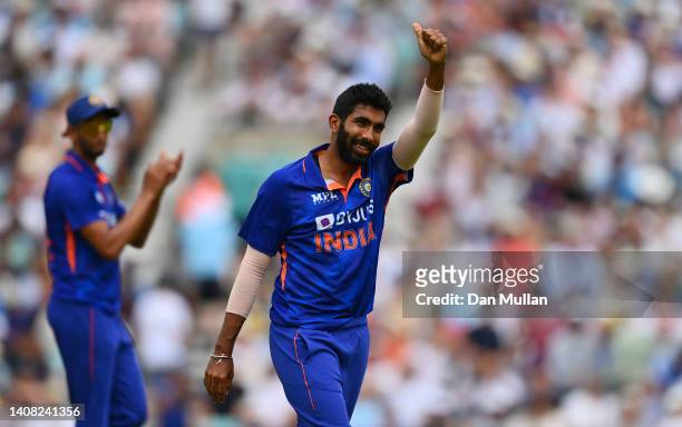 Jasprit Bumrah of India celebrates after taking the wicket of Brydon Carse of England, his fifth wicket of the innings during the 1st Royal London...