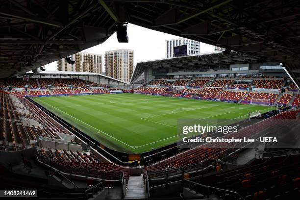 General view inside the stadium prior to the UEFA Women's Euro 2022 group B match between Germany and Spain at Brentford Community Stadium on July...