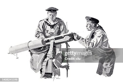 Captain Machine Gun On A Battleship Marine At The Maxim Machine Gun High-Res Vector Graphic ...