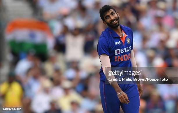 National LONDON, ENGLAND Jasprit Bumrah of India smiles after dismissing David Willey during the first Royal London ODI between England and India at...
