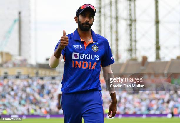Jasprit Bumrah of India leaves the field after taking 6 wickets during the 1st Royal London Series One Day International between England and India at...