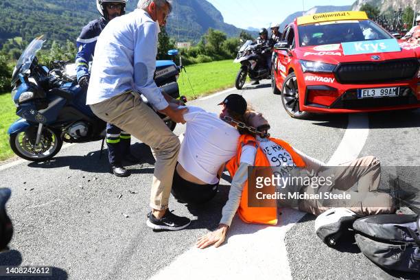 Protesters in defending "Mont Blanc environment" block the route during the 109th Tour de France 2022, Stage 10 a 148,1km stage from Morzine to...