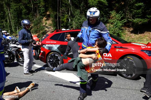 Protesters in defending "Mont Blanc environment" block the route during the 109th Tour de France 2022, Stage 10 a 148,1km stage from Morzine to...