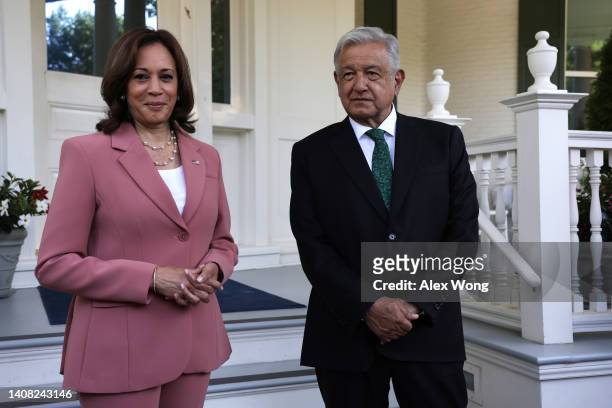 Vice President Kamala Harris greets President Andres Manuel Lopez Obrador of Mexico as he arrives for a bilateral meeting at the U.S. Naval...