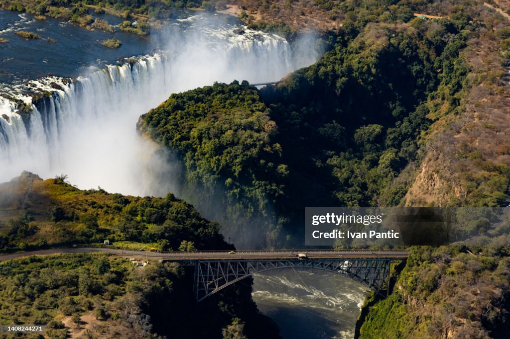 Helicopter view of Victoria waterfalls in Africa