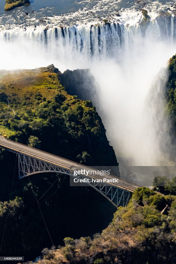 Helicopter view of Victoria waterfalls in Africa