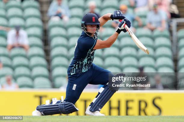 Will Smeed of England Lions bats during the tour match between England Lions and South Africa at The Cooper Associates County Ground on July 12, 2022...