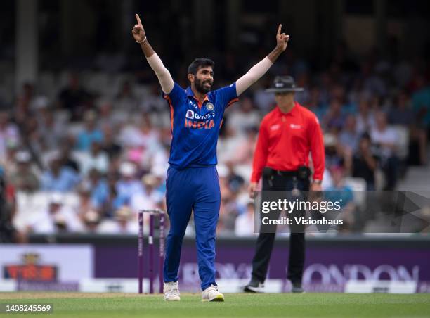 Jasprit Bumrah of India celebrates taking his fifth wicket during the 1st Royal London Series One Day International between England and India at The...