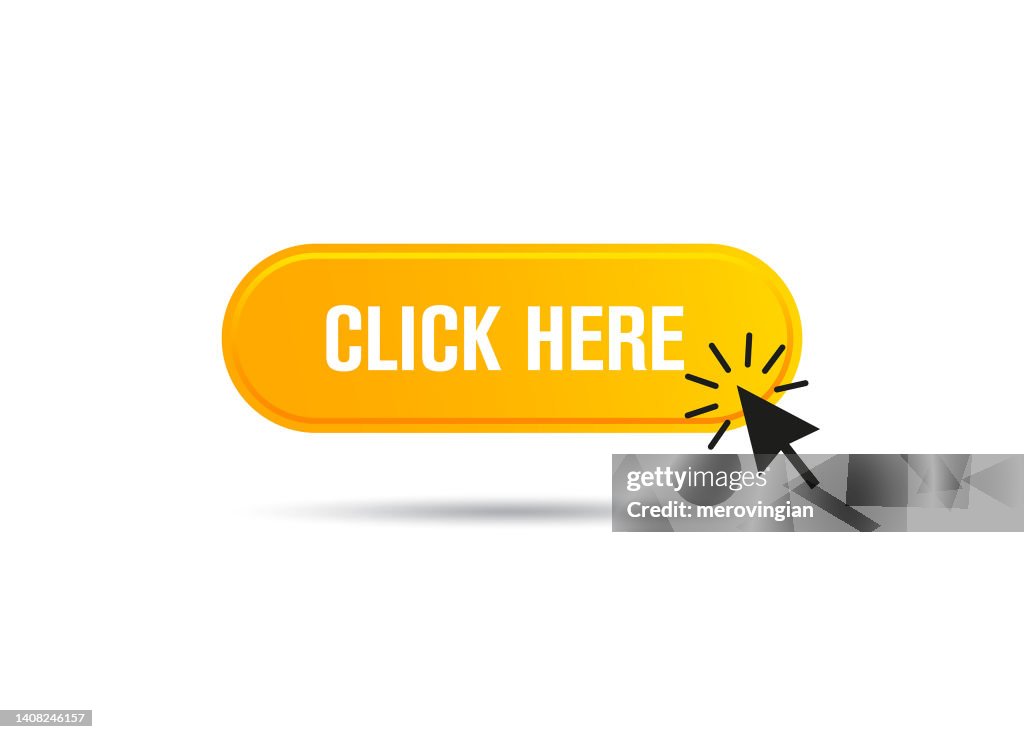 Klicken Sie auf Web-Schaltflächenvorlage. Gelber Druckknopf, Computer Mausklick hier CursorKlicken Sie auf Web-Button-Vorlage. Gelber Druckknopf, Computer Mausklick hier Cursor