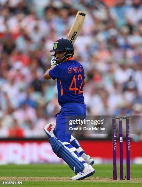 Shikhar Dhawan of India bats during the 1st Royal London Series One Day International between England and India at The Kia Oval on July 12, 2022 in...
