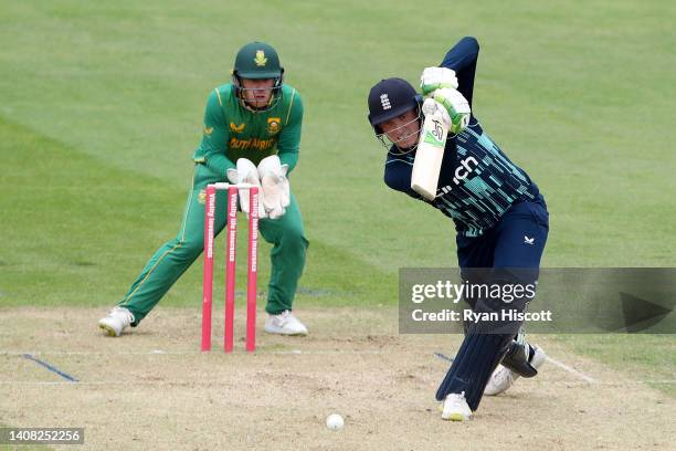 Kyle Verreynne of South Africa looks on as Tom Banton of England Lions bats during the tour match between England Lions and South Africa at The...