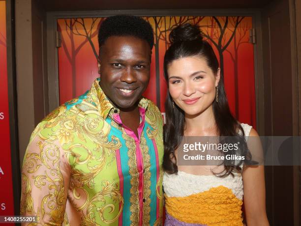 Joshua Henry and Phillipa Soo pose at the opening night of "Into The Woods" on Broadway at The St. James Theatre on July 10, 2022 in New York City.