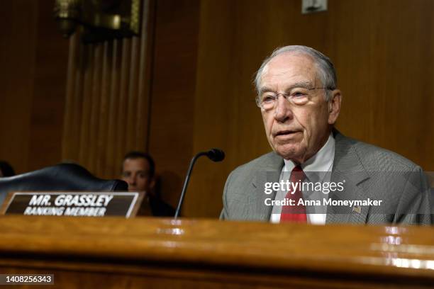 Senate Judiciary Ranking Member Chuck Grassley speaks at a hearing with the Senate Judiciary Committee in the Dirksen Senate Office Building on July...