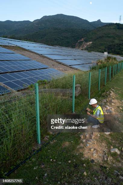 male engineer working at solar power plant - looking over fence stock pictures, royalty-free photos & images