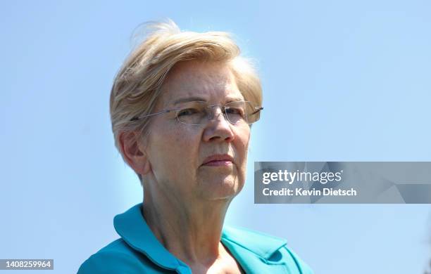 Sen Elizabeth Warren speaks at a press conference on bank overdraft fees on July 12, 2022 in Washington, DC. Warren has reintroduced the Stop...