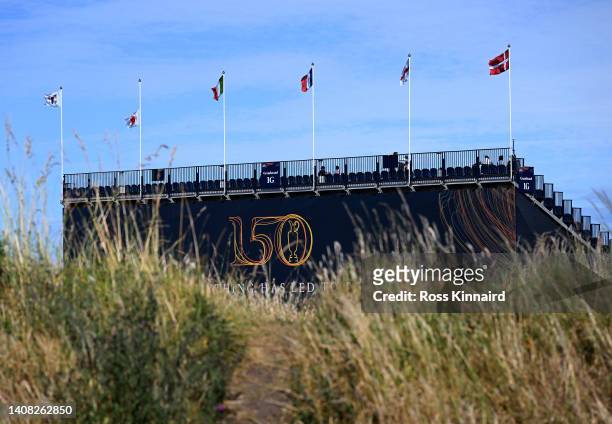 General view of a grandstand with the flag of Japan lowered during a practice round prior to The 150th Open at St Andrews Old Course on July 12, 2022...
