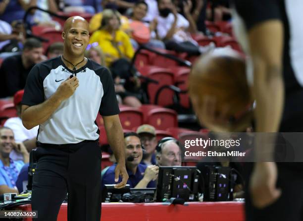 Sports analyst and former NBA player Richard Jefferson officiates the second quarter of a game between the New York Knicks and the Portland Trail...