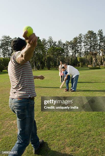 family playing cricket in lawn - man with cricket bat stock pictures, royalty-free photos & images