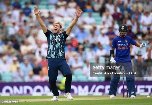 David Willey of England appeals unsuccesfully for the wicket of Shikhar Dhawan of India during the 1st Royal London Series One Day International at...