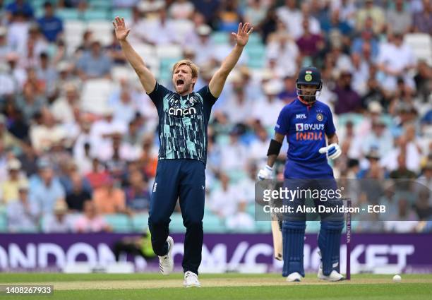 David Willey of England appeals unsuccesfully for the wicket of Shikhar Dhawan of India during the 1st Royal London Series One Day International at...