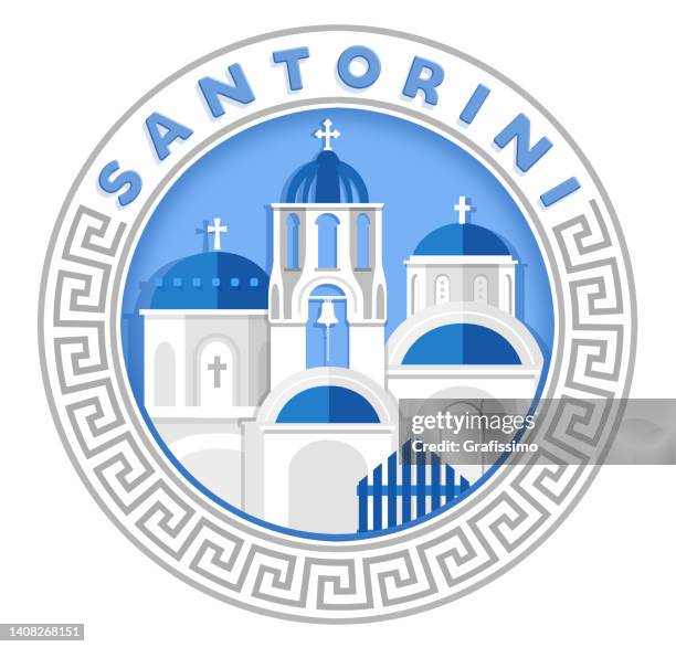 santorini bell tower and blue domes in oia on greece illustration in flat design on round badge - santorini stock illustrations