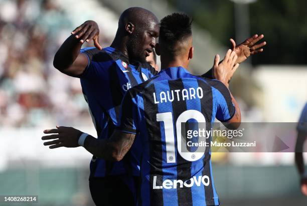 Lautaro Martinez of FC Internazionale celebrates his goal with his team-mate Romelu Lukaku during Pre-season Friendly between FC Lugano v FC...