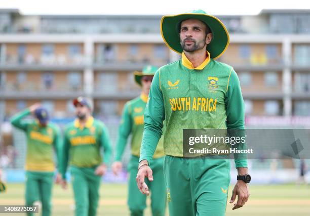 Aiden Markram of South Africa looks on after the tour match between England Lions and South Africa at The Cooper Associates County Ground on July 12,...