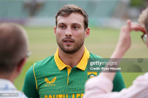 Janneman Malan of South Africa looks on as they speak to the media after the tour match between England Lions and South Africa at The Cooper...