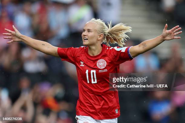 Pernille Harder of Denmark celebrates after scoring their team's first goal during the UEFA Women's Euro 2022 group B match between Denmark and...