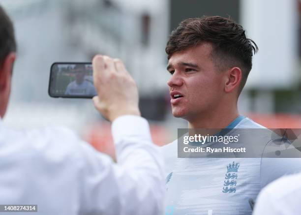 Will Smeed of England Lions speaks to the media after the tour match between England Lions and South Africa at The Cooper Associates County Ground on...