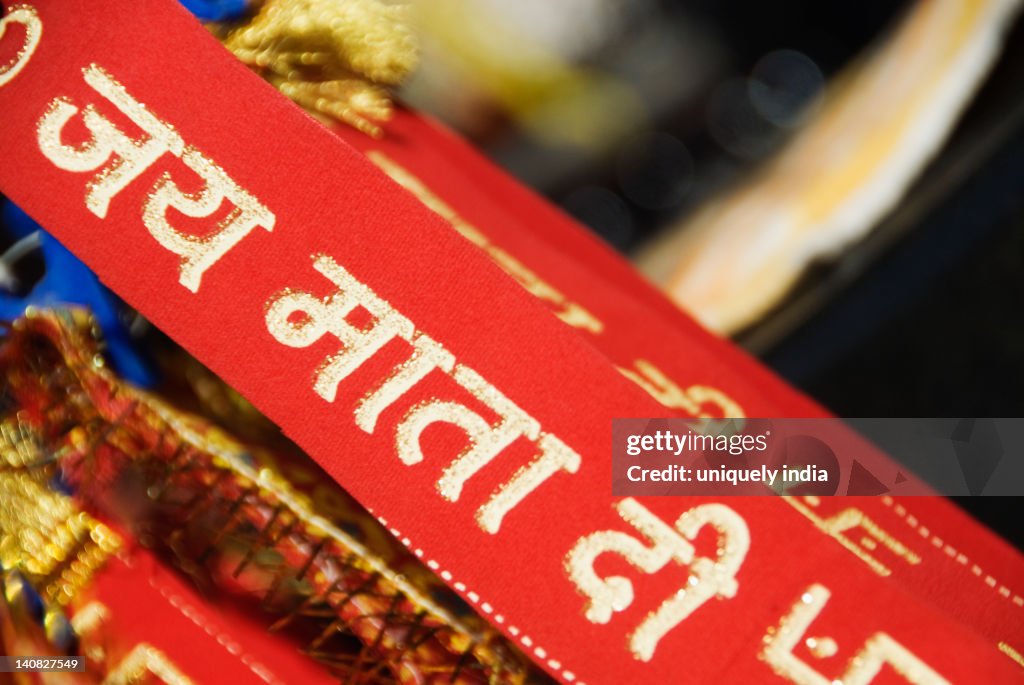 Religious headbands at a market stall, Vaishno Devi, Katra, Jammu And Kashmir, India