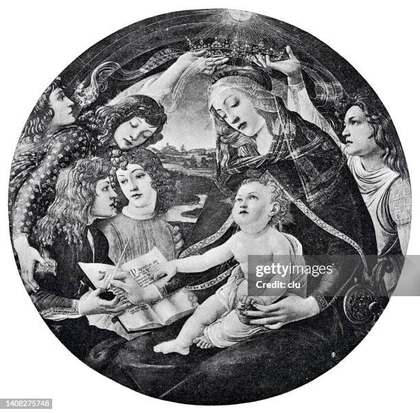 virgin mary with the baby, writing - sandro botticelli stock illustrations