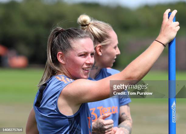 Kirsty Hanson of Manchester United Women in action during a preseason training session at Carrington Training Ground on July 12, 2022 in Manchester,...
