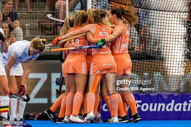 Laurien Leurink of Netherlands celebrating scoring her first goal with Pien Sanders of Netherlands, Marloes Keetels of Netherlands during the FIH...