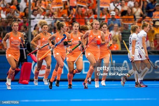 Laurien Leurink of Netherlands celebrating scoring her first goal with Pien Sanders of Netherlands, Marloes Keetels of Netherlands during the FIH...