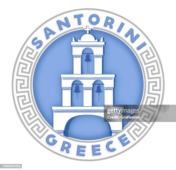 santorini bell tower in oia on greece illustration in flat design on round badge - santorini 幅插畫檔、美工圖案、卡通及圖標