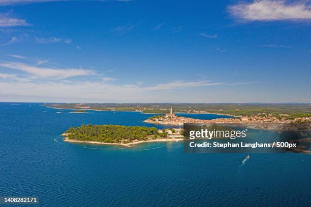 panoramic aerial drone picture of the historic city rovinj,rovinj,croatia - rovinj stock pictures, royalty-free photos & images