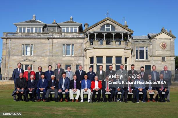 Former Open Champions pose for a photo with Peter Forster, Captain of The Royal and Ancient Golf Club of St Andrews outside The R&A Clubhouse prior...