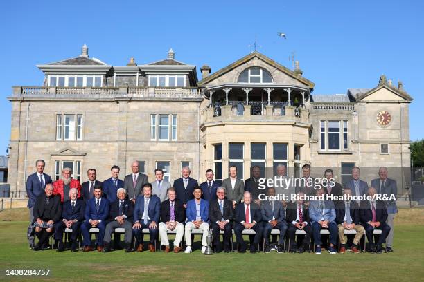 Former Open Champions pose for a photo with Martin Slumbers, Chief Executive of the R&A outside The R&A Clubhouse prior to The 150th Open at St...